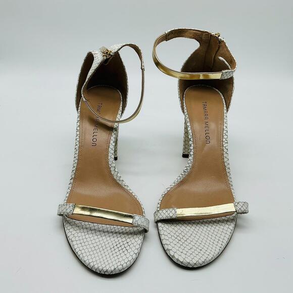 Tamara Mellon White & Gold Snakeskin Triangle Heel Sandals EU 40.5 US 9.5 - Picture 1 of 5